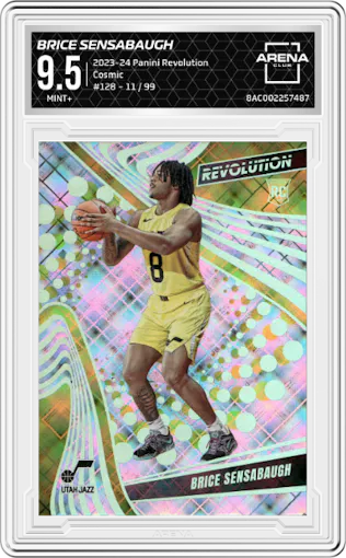 Brice Sensabaugh from the 2023-24 Panini Revolution set featuring a Cosmic parallel graded by Arena Club and given an overall grade of 9.5.