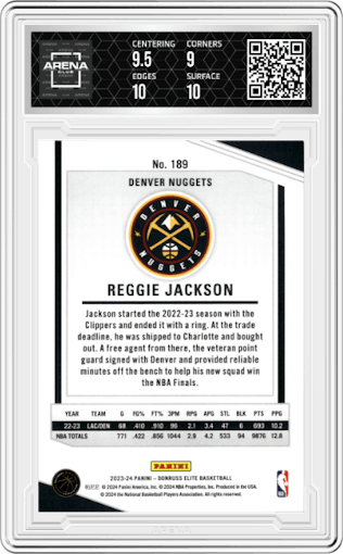 Reggie Jackson from the 2023-24 Panini Donruss Elite set featuring a Gold parallel graded by Arena Club and given an overall grade of 9.5.