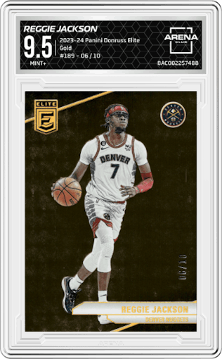 Reggie Jackson from the 2023-24 Panini Donruss Elite set featuring a Gold parallel graded by Arena Club and given an overall grade of 9.5.