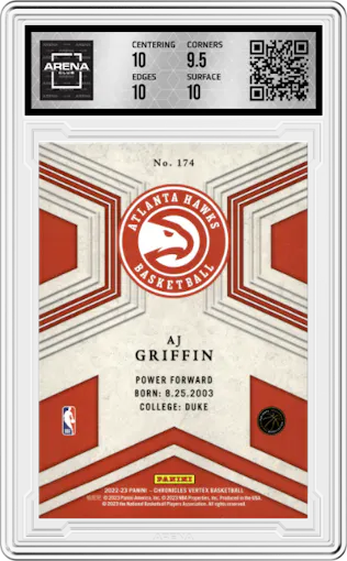 AJ Griffin from the 2022-23 Panini Chronicles  set featuring a Asia Gold parallel graded by Arena Club and given an overall grade of 10.