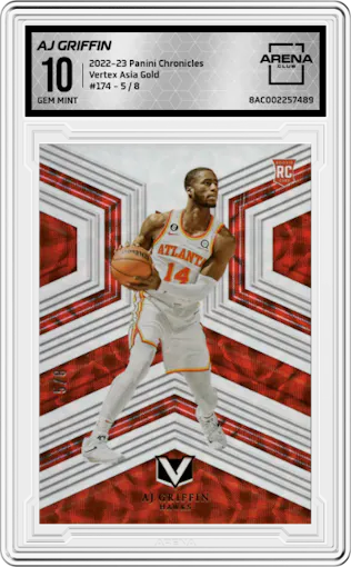 AJ Griffin from the 2022-23 Panini Chronicles  set featuring a Asia Gold parallel graded by Arena Club and given an overall grade of 10.