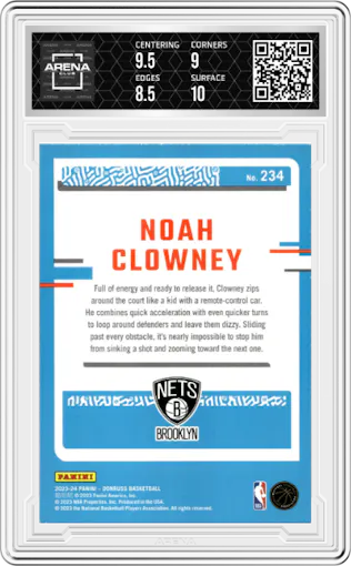 Noah Clowney from the 2023-24 Panini Donruss set featuring a Red parallel graded by Arena Club and given an overall grade of 9.