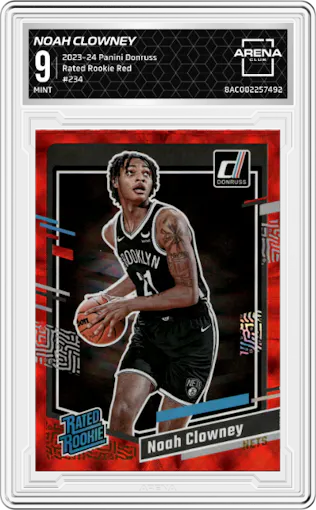 Noah Clowney from the 2023-24 Panini Donruss set featuring a Red parallel graded by Arena Club and given an overall grade of 9.