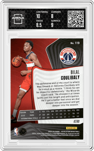 Bilal Coulibaly from the 2023-24 Panini Revolution set featuring a Astro parallel graded by Arena Club and given an overall grade of 8.5.