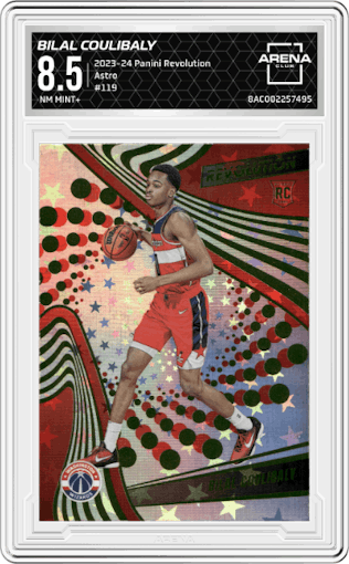 Bilal Coulibaly from the 2023-24 Panini Revolution set featuring a Astro parallel graded by Arena Club and given an overall grade of 8.5.