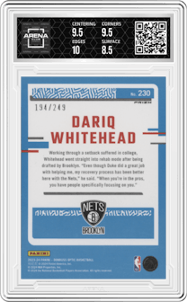 Dariq Whitehead from the 2023-24 Donruss Optic set featuring a Aqua parallel graded by Arena Club and given an overall grade of 9.