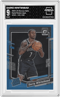 Dariq Whitehead from the 2023-24 Donruss Optic set featuring a Aqua parallel graded by Arena Club and given an overall grade of 9.