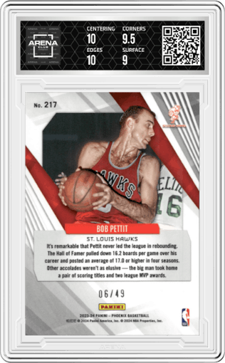Bob Pettit from the 2023-24 Panini Phoenix set featuring a Yellow parallel graded by Arena Club and given an overall grade of 9.5.