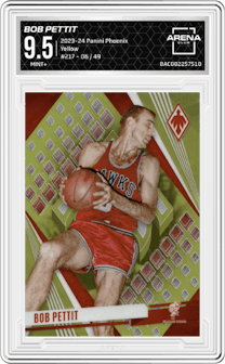 Bob Pettit from the 2023-24 Panini Phoenix set featuring a Yellow parallel graded by Arena Club and given an overall grade of 9.5.