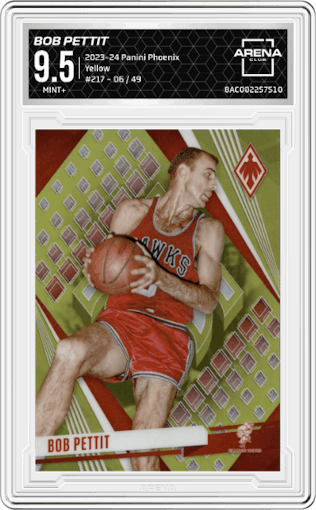 Bob Pettit from the 2023-24 Panini Phoenix set featuring a Yellow parallel graded by Arena Club and given an overall grade of 9.5.