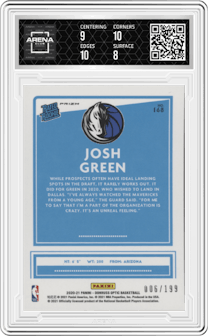 Josh Green from the 2020-21 Panini Donruss Optic set featuring a Orange parallel graded by Arena Club and given an overall grade of 8.5.