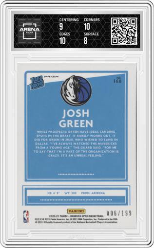 Josh Green from the 2020-21 Panini Donruss Optic set featuring a Orange parallel graded by Arena Club and given an overall grade of 8.5.