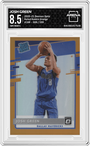 Josh Green from the 2020-21 Panini Donruss Optic set featuring a Orange parallel graded by Arena Club and given an overall grade of 8.5.