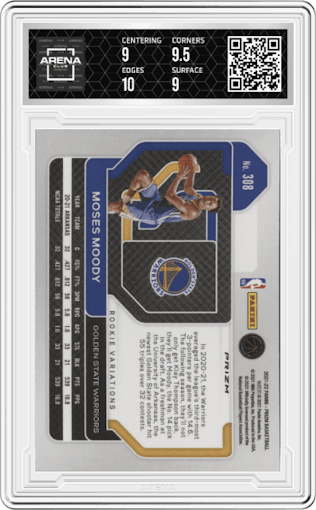Moses Moody from the 2021-22 Panini Prizm  set featuring a Fast Break parallel graded by Arena Club and given an overall grade of 9.5.