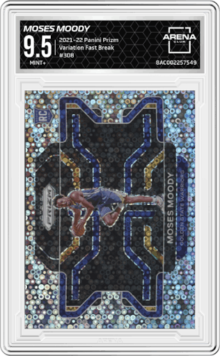 Moses Moody from the 2021-22 Panini Prizm  set featuring a Fast Break parallel graded by Arena Club and given an overall grade of 9.5.