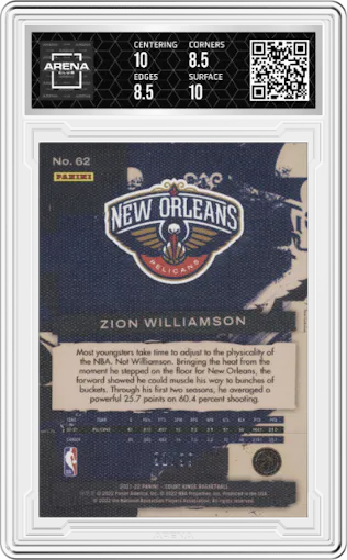 Zion Williamson from the 2021-22 Panini Court Kings set featuring a Amethyst parallel graded by Arena Club and given an overall grade of 9.
