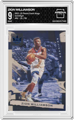 Zion Williamson from the 2021-22 Panini Court Kings set featuring a Amethyst parallel graded by Arena Club and given an overall grade of 9.