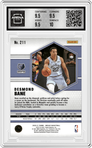 Desmond Bane from the 2020-21 Panini Mosaic set featuring a Mosaic parallel graded by Arena Club and given an overall grade of 10.