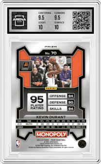 Kevin Durant from the 2023-24 Panini Prizm Monopoly set featuring a Free Parking parallel graded by Arena Club and given an overall grade of 10.