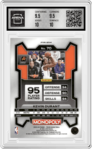 Kevin Durant from the 2023-24 Panini Prizm Monopoly set featuring a Free Parking parallel graded by Arena Club and given an overall grade of 10.