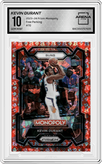 Kevin Durant from the 2023-24 Panini Prizm Monopoly set featuring a Free Parking parallel graded by Arena Club and given an overall grade of 10.
