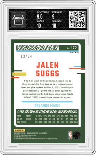 Jalen Suggs from the 2023-24 Donruss Optic set featuring a Choice Blue Mojo parallel graded by Arena Club and given an overall grade of 9.5.