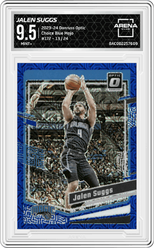 Jalen Suggs from the 2023-24 Donruss Optic set featuring a Choice Blue Mojo parallel graded by Arena Club and given an overall grade of 9.5.