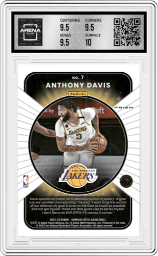Anthony Davis from the 2021-22 Panini Donruss Optic set featuring a Gold Wave parallel graded by Arena Club and given an overall grade of 10.