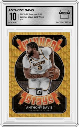 Anthony Davis from the 2021-22 Panini Donruss Optic set featuring a Gold Wave parallel graded by Arena Club and given an overall grade of 10.