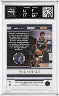 Jaden McDaniels from the 2020-21 Panini Chronicles set featuring a Red parallel graded by Arena Club and given an overall grade of 9.
