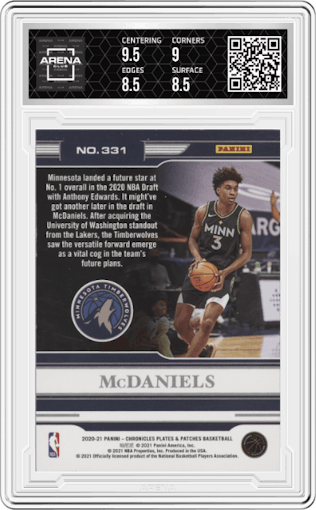Jaden McDaniels from the 2020-21 Panini Chronicles set featuring a Red parallel graded by Arena Club and given an overall grade of 9.