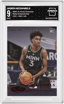 Jaden McDaniels from the 2020-21 Panini Chronicles set featuring a Red parallel graded by Arena Club and given an overall grade of 9.