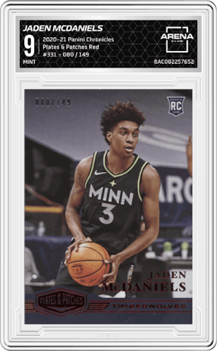 Jaden McDaniels from the 2020-21 Panini Chronicles set featuring a Red parallel graded by Arena Club and given an overall grade of 9.