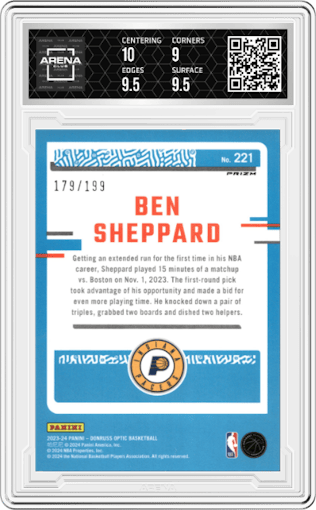 Ben Sheppard from the 2023-24 Donruss Optic set featuring a Orange parallel graded by Arena Club and given an overall grade of 9.5.