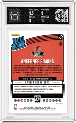 Anfernee Simons from the 2018-19 Panini Donruss Optic set featuring a Shock parallel graded by Arena Club and given an overall grade of 9.5.