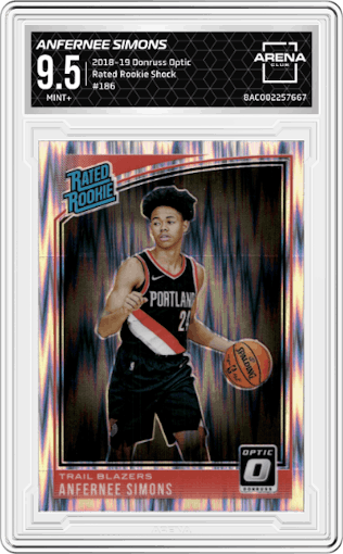 Anfernee Simons from the 2018-19 Panini Donruss Optic set featuring a Shock parallel graded by Arena Club and given an overall grade of 9.5.