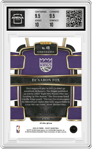 De'Aaron Fox from the 2023-24 Panini Select  set featuring a Red Prizm parallel graded by Arena Club and given an overall grade of 10.