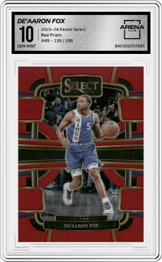 De'Aaron Fox from the 2023-24 Panini Select  set featuring a Red Prizm parallel graded by Arena Club and given an overall grade of 10.