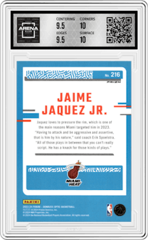 Jaime Jaquez Jr.  from the 2023-24 Donruss Optic set featuring a Hyper Pink parallel graded by Arena Club and given an overall grade of 10.