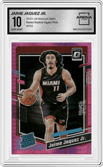Jaime Jaquez Jr.  from the 2023-24 Donruss Optic set featuring a Hyper Pink parallel graded by Arena Club and given an overall grade of 10.