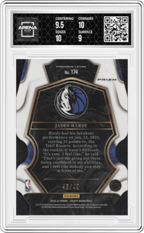 Jaden Hardy from the 2022-23 Panini Select set featuring a  Die-Cut Light Green parallel graded by Arena Club and given an overall grade of 9.5.