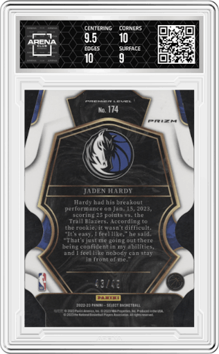 Jaden Hardy from the 2022-23 Panini Select set featuring a  Die-Cut Light Green parallel graded by Arena Club and given an overall grade of 9.5.