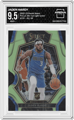 Jaden Hardy from the 2022-23 Panini Select set featuring a  Die-Cut Light Green parallel graded by Arena Club and given an overall grade of 9.5.