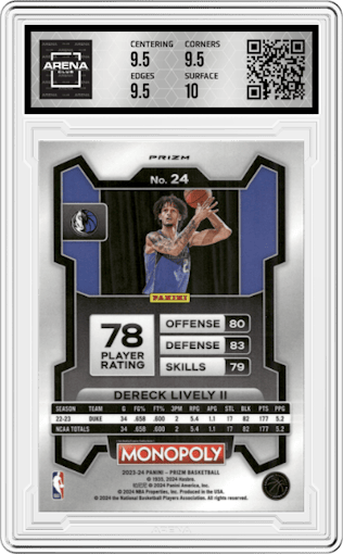 Dereck Lively II from the 2023-24 Panini Prizm Monopoly set featuring a Purple  parallel graded by Arena Club and given an overall grade of 10.