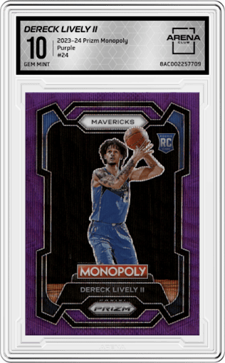 Dereck Lively II from the 2023-24 Panini Prizm Monopoly set featuring a Purple  parallel graded by Arena Club and given an overall grade of 10.