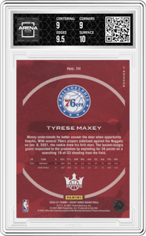 Tyrese Maxey from the 2020-21 Panini Court Kings set graded by Arena Club and given an overall grade of 9.5.