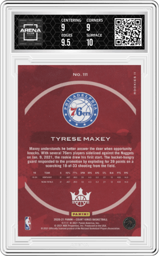 Tyrese Maxey from the 2020-21 Panini Court Kings set graded by Arena Club and given an overall grade of 9.5.