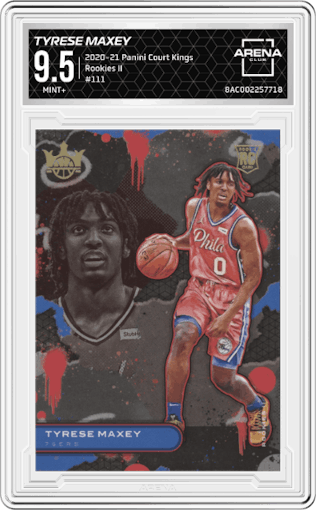 Tyrese Maxey from the 2020-21 Panini Court Kings set graded by Arena Club and given an overall grade of 9.5.