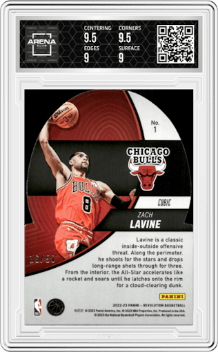 Zach Lavine from the 2022-23 Panini Revolution  set featuring a Cubic parallel graded by Arena Club and given an overall grade of 9.5.