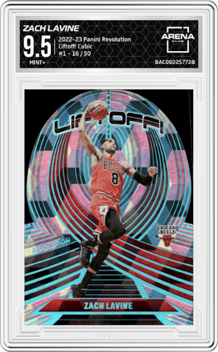 Zach Lavine from the 2022-23 Panini Revolution  set featuring a Cubic parallel graded by Arena Club and given an overall grade of 9.5.